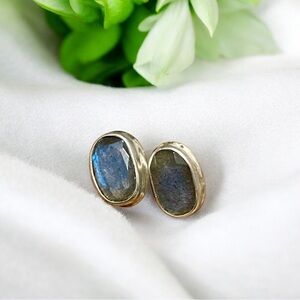 Faceted Green & Blue Labradorite Sterling Silver Earrings 925 Studs